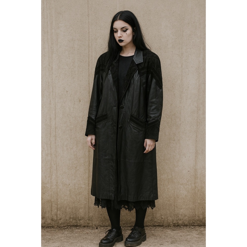Vintage 90s Black Leather Trench Coat Women's Large Long Jacket Goth Grunge Boho